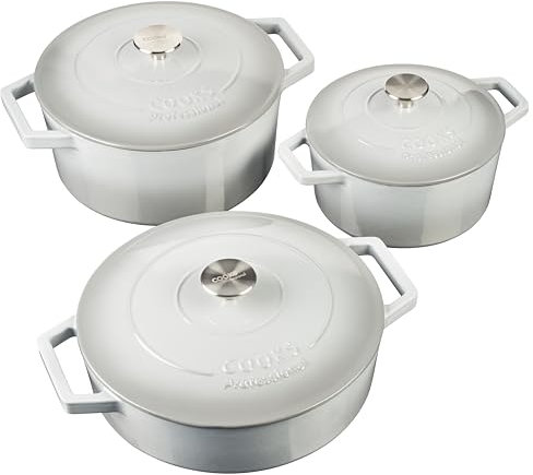 Cooks Professional Set of 3 Cast Iron Casserole Dishes with Lid & Handles | 20, 26 & 28cm | Colourful Enamelled Cooking Pans Pots | Suitable For All Hobs Inc Induction | Oven & Grill Safe | Grey