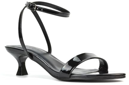 ESSEX GLAM Women Kitten Low Heel Strappy Sandal Ladies Black Patent Ankle Strap Two Part Heeled Shoes Size 7