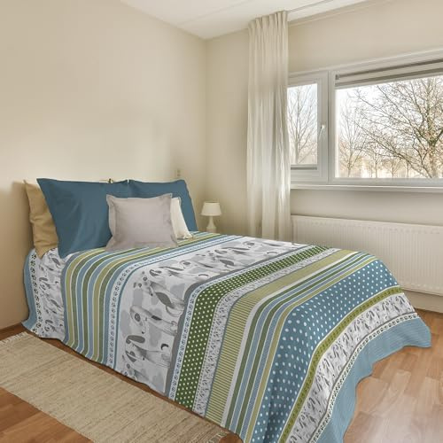 PENSIERI DELICATI Cubrecama de 170 x 280 cm, Individual 100% Algodón Pique, Ideal Como Decorativa, Manta para Proteger la Cama de 1 Plaza, Fantasía BauBau Verde, 100% Made in Italy