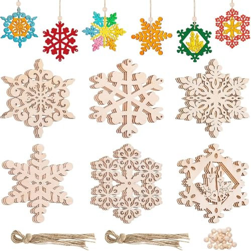 18 Stück Weihnachten Holzanhänger Schneeflocken Weihnachten Deko, Schneeflocke Christbaumschmuck Holz DIY Basteln für Deko Geschenkanhänger