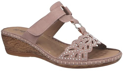 Cushion Walk Ladies Diamante Laser Cut T-Bar Mule Wedge Sandals (Pink, UK Footwear Size System, Adult, Women, Numeric, Medium, 7)