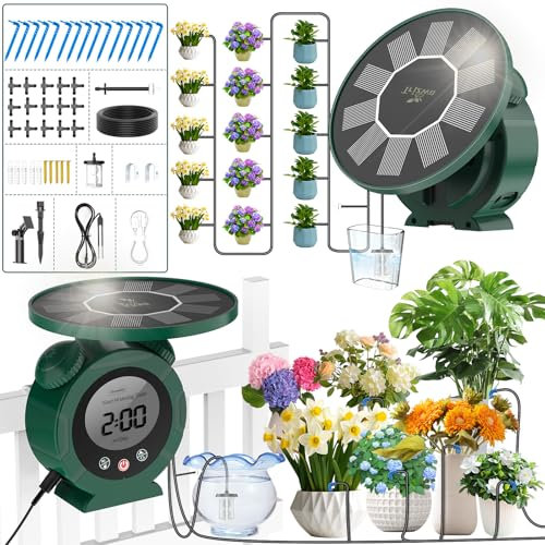 TRJZWA Solar Bewässerungssystem für die Gartenterrasse mit Feuchtigkeitsdetektor, Solarer Automatischer Bewässerungssystem Bewässerungscomputer kann 15 Töpfe von Pflanzen Bewässern
