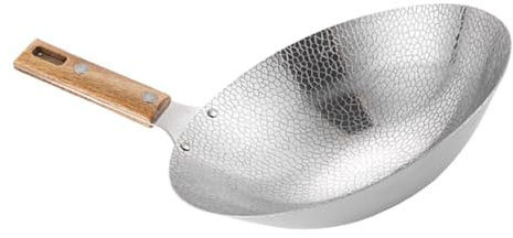 Alipis Wok in Acciaio Con Manico in Legno Padella Wok Tradizionale Per Cucina a Gas Per Frittura Bollitura Cottura a Vapore (22cm)