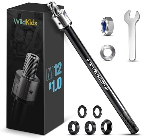 WildKids Thru Axle for Bicycle Trailer M12 160-172 mm Thru Axle, Adjustable Shaft Length, Thru Axle Compatible with Thule, Qeridoo, Croozer Bicycle Trailer Couplings - With Non-Slip Nuts