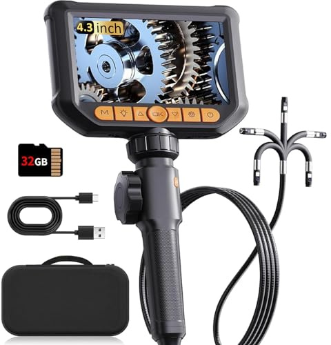 Cámara endoscópica de doble lente con Licth, 360° HD, cámara de inspección giratoria de 4,3 pulgadas, IP67, cámara de tubo impermeable, con 8 + 1 LED, tarjeta de 32 G y bolsa de transporte, 1,5 m