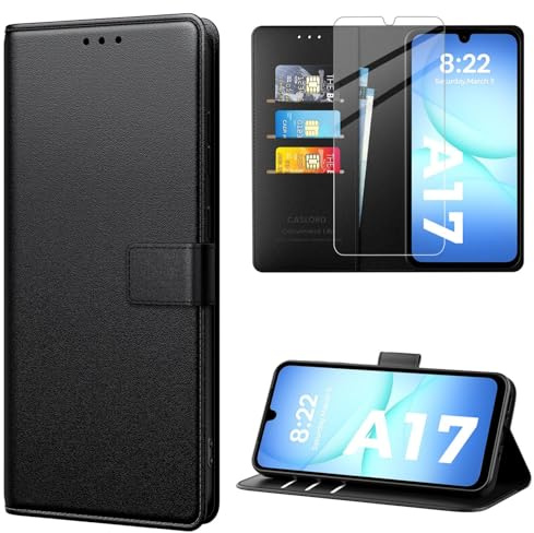 caslord Hülle für Samsung Galaxy A17 4G/5G, Premium PU Leder Handyhülle, RFID-Blockierung Klapphülle [Mit 1 Stück Panzer Schutz Glas] Kompatibel mit Samsung Galaxy A17 4G/5G -Schwarz