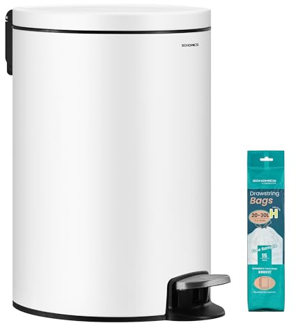 SONGMICS Pattumiera Rotonda, Cestino con 15 Sacchetti Spazzatura, Pedale in Metallo, Secchio Rimovibile in Plastica, Manico, Chiusura Ammortizzata, Acciaio, 20 L, Bianco Nuvola LTB021WZ01