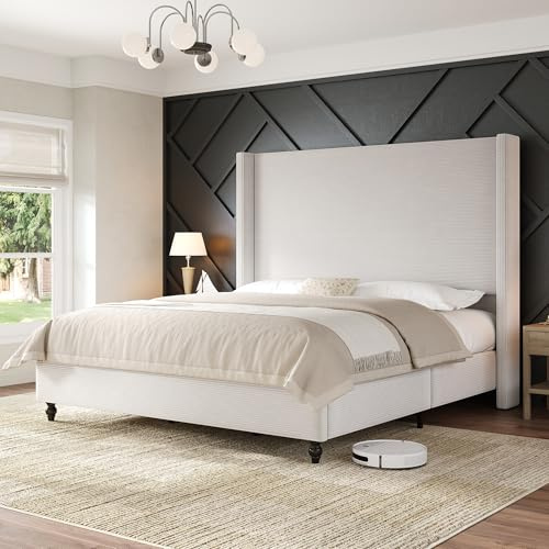 AMERLIFE Queen Bed Frame with 63 Tall Headboard, Upholstered Corduroy Bed Frame with Wingback, Platform Bed with Solid Wood Gourd Legs, Solid Slats, No Box Spring Needed, White