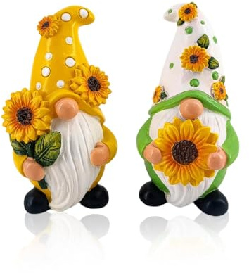 2PCS Dwarf Gnome Resin Figurines with Sunflower Flowers, Decorative Garden Gnome Outdoor Set with Detailed Finish, Garden Gifts, Durable Garden Ornaments Outdoor for Spring Gardens, Lawns and Patios