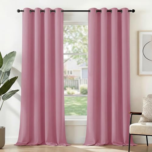 Deconovo Window Treatment Blackout Curtains Thermal Insulated Decorative Soft Energy Saving Room Darkening Eyelet Curtains for Kid 55 x 114 Inch Pink Set of 2