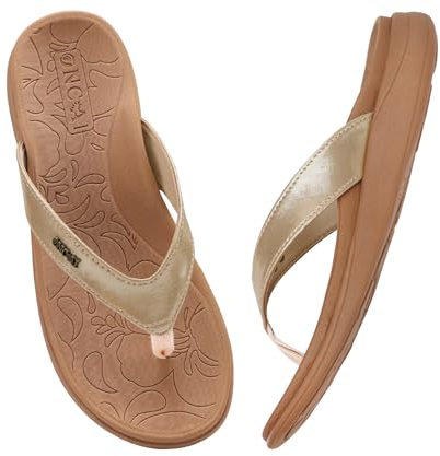 ONCAI Orthotic Flip Flops for Women,Comfortable Strap Arch Support Summer Beach Flip Flops with Soft Cushion Yoga Foam Rubber Soles Gold Size 4