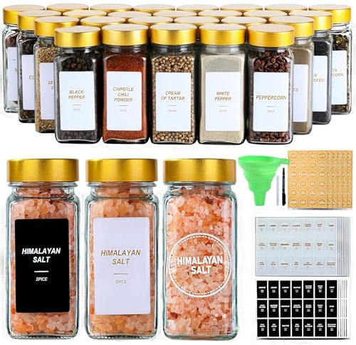 JARXSUN Glass Spice Jars with Label, 24Pcs Spice Jars with Shaker Lids-4 oz Gold Spice Seasoning Jars Bottles Containers Set for Spice Rack (24)