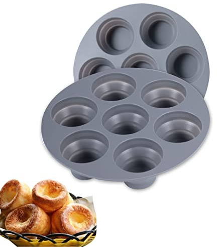 WUBAYI Paquete de 2 bandejas de pudín Yorkshire, bandeja profunda y jumbo para magdalenas, moldes redondos de silicona para 7 tazas, bandeja antiadherente para cupcakes, 7.1x7.1x1.2 pulgadas