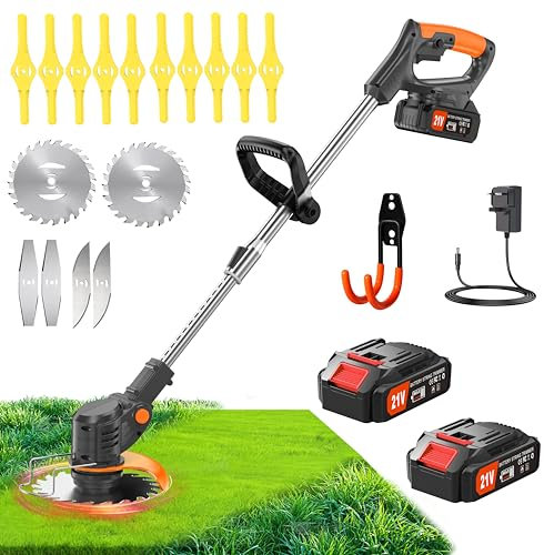 Wrneaoch Metal Blade Cordless Strimmer 21v Grass Trimmers With16 Blades 15cm Cutting Diameter Cordless Strimmer Retractable Handle For Lawn Garden
