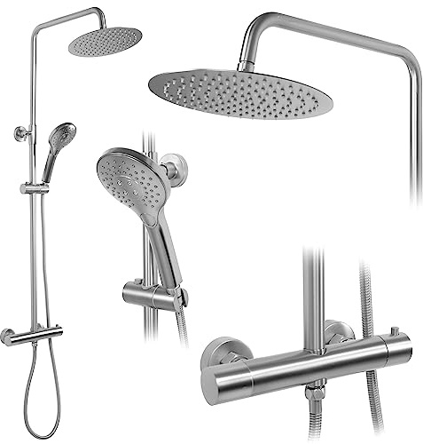 Rea Duschsystem mit Thermostat VINCENT NICKEL BRUSH INOX Duschset Duscharmatur mit Duschkopf und Kopfbrause aus Messing Duschgarnitur für Badezimmer (Gebürstetes Stahl)