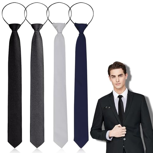 YUWJOOWEE Set di 4 cravatte da uomo, regolabili, set di cravatte da uomo, con chiusura lampo, nodo prelegato, da uomo, per cravatte, cravatte, cravatte, chiusura lampo, nero, grigio, grigio argento