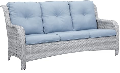 Rilyson Outdoor Couch Wicker Patio Sofa - 3 Seat Rattan Sofa with Deep Seating and Comfortable Cushions for Porch Deck Balcony Garden(Light Grey/Sky Blue)