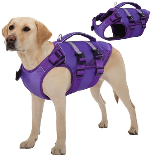 Kuos flytväst hund stor, räddningsvästar för hundar flytväst med handtag och reflekterande, justerbar hundflytväst, flytväst för stora hundar med förbättrad flytkraft, lila XL