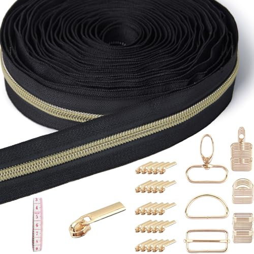 Sonekin Reißverschluss, 9 m Endlosreißverschluss mit Zipper, 25 Stück Reißverschluss Schieber, 30 Stück Metallzubehör Zum Nähen von Handtaschen, Geeignet Zum Nähen und Basteln (Gold)