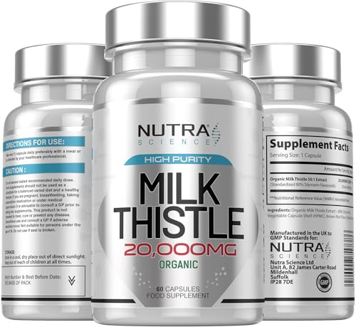 Organic Milk Thistle Supplement (80% Silymarin) 20,000mg – Milk Thistle High Strength Tablets, 60 Vegan Capsules