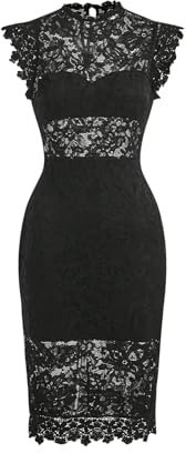 SweatyRocks Damen Midikleid Elegante Spitzenkleider Figurbetont Bleistiftkleid Stehkragen Partykleid Durchsichtiges Kleid mit Schlitz Schwarz M