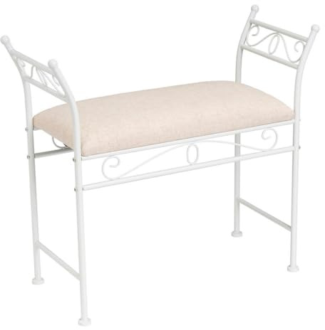 LOLAhome Banqueta para pie de Cama de Metal Blanco y Asiento de Lino Beige