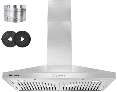 Wall Mount Range Hood 30 inch, 450 CFM Over Stove Vent Stainless Steel Vent Hood with Ducted Exhaust Vent Push Button 2 LED Lights 3-Speeds Exhaust Fan 2 Pcs Charcoal Filters (Model 303)