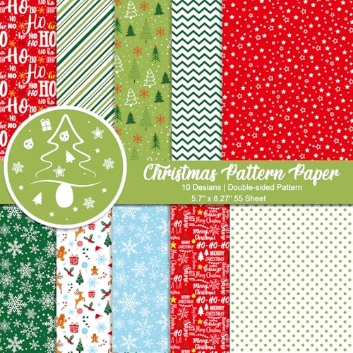 Morcheiong Juego de 55 hojas de papel decorativo con patrón de Feliz Navidad para hacer tarjetas, álbumes de recortes, decoración de álbumes de fotos, 10 diseños (colores mixtos, 5.7 x 8.25 pulgadas)