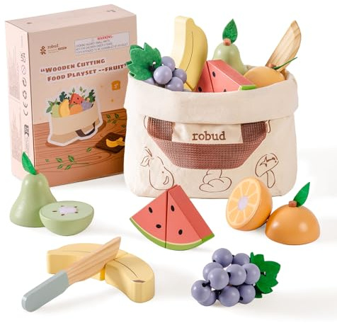 ROBUD Accessoires de cuisine en bois pour enfants - Jouet alimentaire - Pour jeux de rôle - Cuisine de jeu avec sac de rangement - Cadeaux pour enfants à partir de 3 ans - Ensemble de fruits