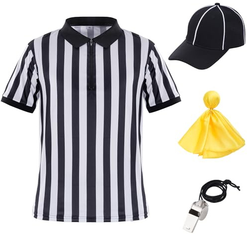obmwang Men's Referee Costume Kit, Referee Shirt Stripe Umpire Jersey Hat Yellow Penalty Flag and Whistle for Basketball Football Soccer Halloween, Large