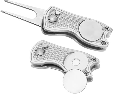 PATIKIL Golf Divot Repair Tool, 2 Pezzi Attrezzo Riparatore Divot Pieghevole in Metallo con Marcatore Pallina Magnetica E Forchetta in Acciaio Inossidabile per Golfista, Argento