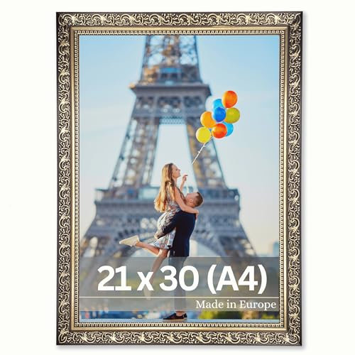 VictoR Cornice portafoto Vinci – 21 x 30 cm (A4) – nero oro – vintage barocco – cornice decorata 22 x 20 mm – vetro acrilico infrangibile – retro MDF – per formato verticale e orizzontale – Made in