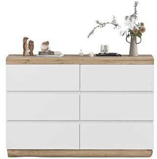 Kommode mit 6 Schubladen zum Aufbewahren von Kleidung Büchern Decken Schlafzimmer Wohnzimmer Schubladenschrank mit Stauraum modernes Design E1-Spanplatte Holzoptik Grifflose Fronten Stabil Standfest
