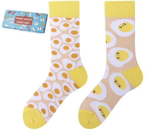 NxnChc Calcetines Divertidos Unisex para Mujer y Hombre con Diseños Asimétricos en Par - Temas Huevo Frito Animales, Comida, Fruta, Deporte y Arte en Algodón - Ideal para Regalos