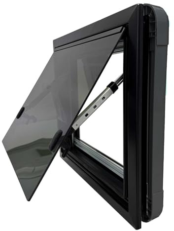SWISS Outdoor Fenêtre basculante en verre véritable 500 x 400 cm, certifiée ECE R43, double vitrage, store et protection anti-moustiques, cache noir, isolé, pour camping-car, camionnette, camion