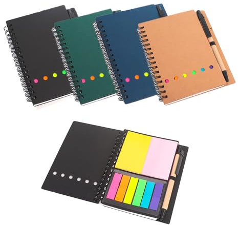 ZHERIKAH 4 Pezzi Quaderno A6 Blocco Appunti a Righe con Penna e Foglietti Adesivi, Quaderni Spiralecon Copertina in Carta Kraft per Scuola e Ufficio per Fare una Lista, Registri Giornalieri
