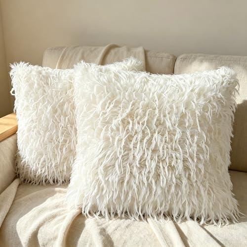 OYIMUA Fundas de cojín de color crema de 40 x 40 cm, paquete de 2 fundas de almohada esponjosas neutrales, cojines decorativos suaves, fundas de almohada de piel sintética de 16 x 16 pulgadas