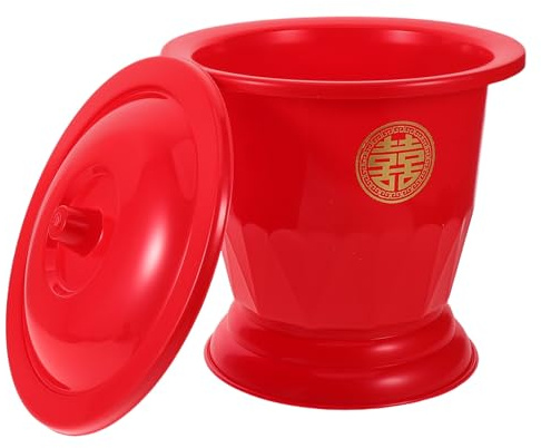 Healvian Escupidera Roja Portátil para Bodas Chinas, Orinal de Plástico con Tapa y Asa, Bacinilla Festiva para Mujer y Adulto, Cubo de Inodoro Compacto para Uso Doméstico y Camping