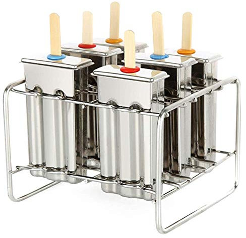 6 piezas de moldes para helados Cubos de hielo y herramientas de moldes para hacer paletas con ranura doble plana y estante de acero inoxidable