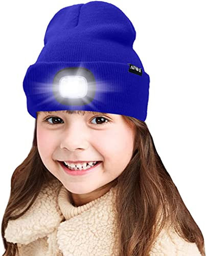 ATNKE Kids LED beleuchtete Mütze mit Licht, USB Wiederaufladbare 4 LED Scheinwerfer wasserdichte Winterwärmer Strick Nachthüte mit leichten Jungen Mädchen/Blue
