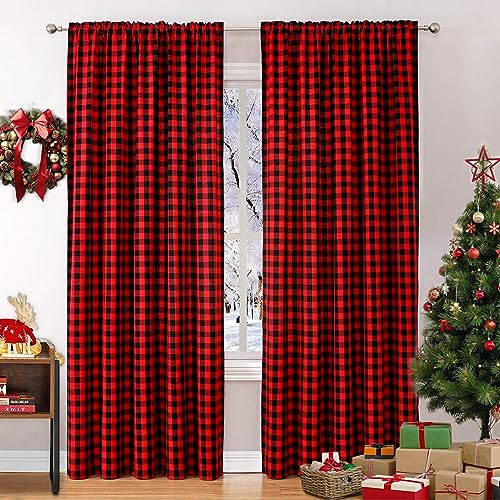 WUBODTI Tende natalizie a quadri rossi 213 cm di lunghezza rosso e nero con motivo scozzese di bufalo, 2 pannelli, tende filtranti per soggiorno, camera da letto, sala da pranzo