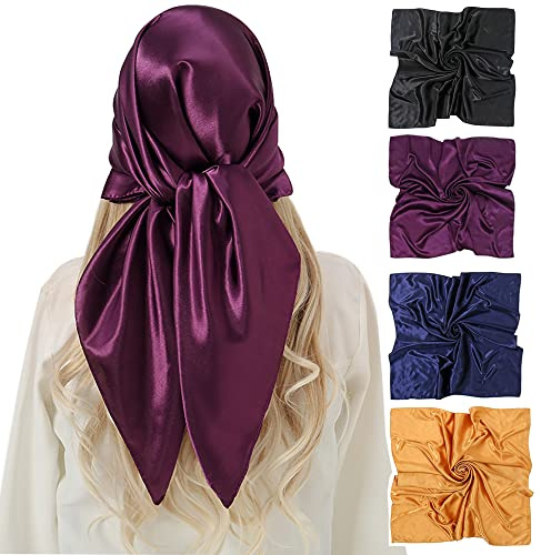 KAVINGKALY 4pcs Satén Cuadrado Bufandas de Pelo Grande Sensación Sedosa pelo Largo Bufanda y Wraps Pañuelo para la Cabeza para las Mujeres