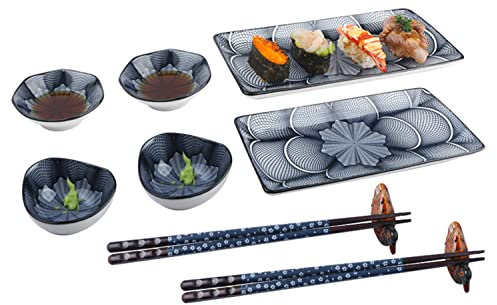 Artcome 10-teiliges Sushi-Teller-Set aus Keramik im japanischen Stil für Hochzeit, Einweihungsparty, 2 Sushi-Teller, 2 Soßenschalen, 2 Snack-Schalen, 2 Paar Essstäbchen, 2 Stäbchenhalter, dunkelblau