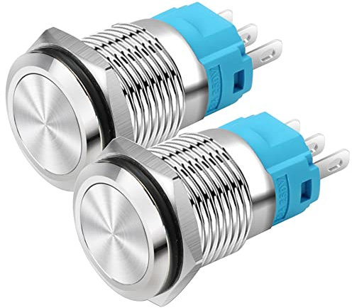 Gebildet 16mm Cabeza Plana SPDT Interruptor de Enganche Resistente al Agua, Interruptor de Botón de Metal de Acero Inoxidable, Terminales de Pin Soldadura DC 6V/12V/36V/48V, AC 110V/230V 2A 1NO+1NC