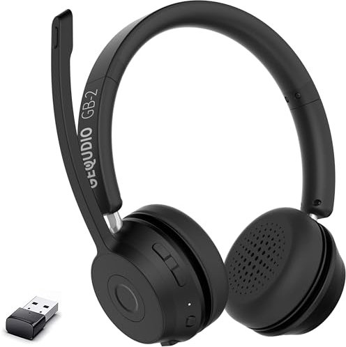 GEQUDIO GB-2 Headset mit Mikrofon Bluetooth | Kopfhörer Kabellos | Passives Noise Cancelling | 2 Geräte gleichzeitig verbinden (Handy, PC, Laptop) | Wireless Headset | Standby 500h (mit USB-Adapter)