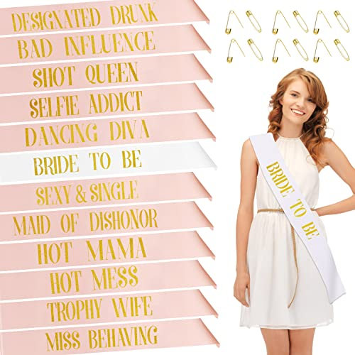 PHOGARY 12 Schärpen junggesellinnenabschied, Team Schärpe Bride Tribe - 1 Braut Schärpe + 11 Team Braut Schärpe für JGA Party Accessoires (Rose Gold + Weiß)