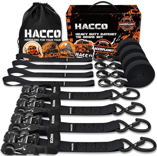 HACCOPLANET Ratchet Straps, 5280lb Break Strengeth, 16FT x 1.6 Heavy Duty Ratchet Tie Down Strap Set w/Padded Handle, S Hook, Soft Loop for UTV Motorcycle Truck Cargo Straps (Black, 16FT)