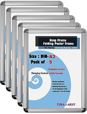 TUKA-i-AKUT 5X A3 Cornice a Scatto in Alluminio Profilo 25 mm, Pieghevoli Cornice a Clip per Poster Foto Display Pubblicitari, con Angoli Arrotondati, Color Argento TKD8421-A3-5X