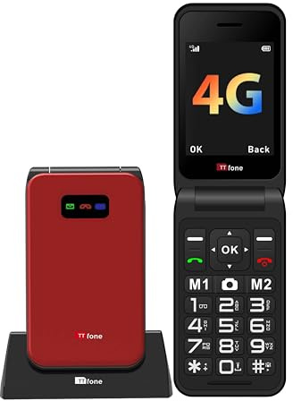 TTfone TT760 hopfällbar telefon 4G med stora knappar för seniorer och nödsamtalsknapp – upplåst grundläggande mobiltelefon (röd, med laddningsstation)