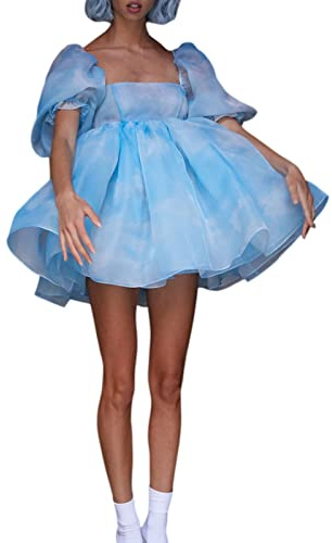 Owegvia Mini abito da donna con maniche a sbuffo in tulle a trapezio abito da principessa lanterna volant festa di nozze abiti corti abiti da damigella d'onore in tulle, Blu, S